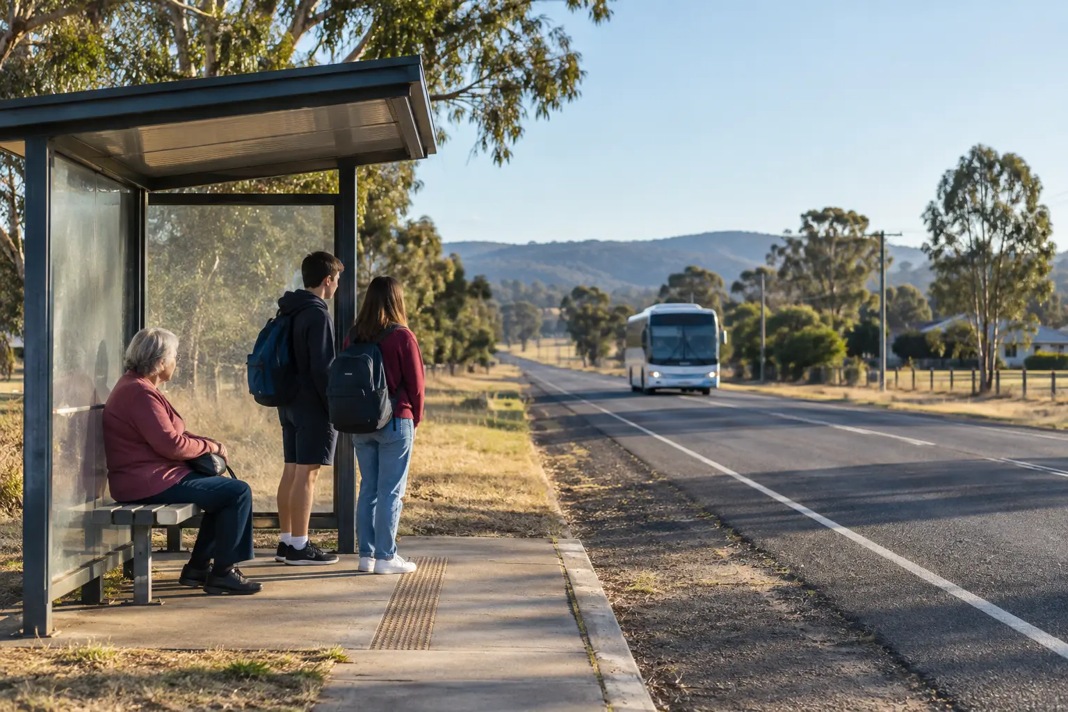 Two students and an older resident waiting at a modest roadside bus stop in a representative regional NSW setting