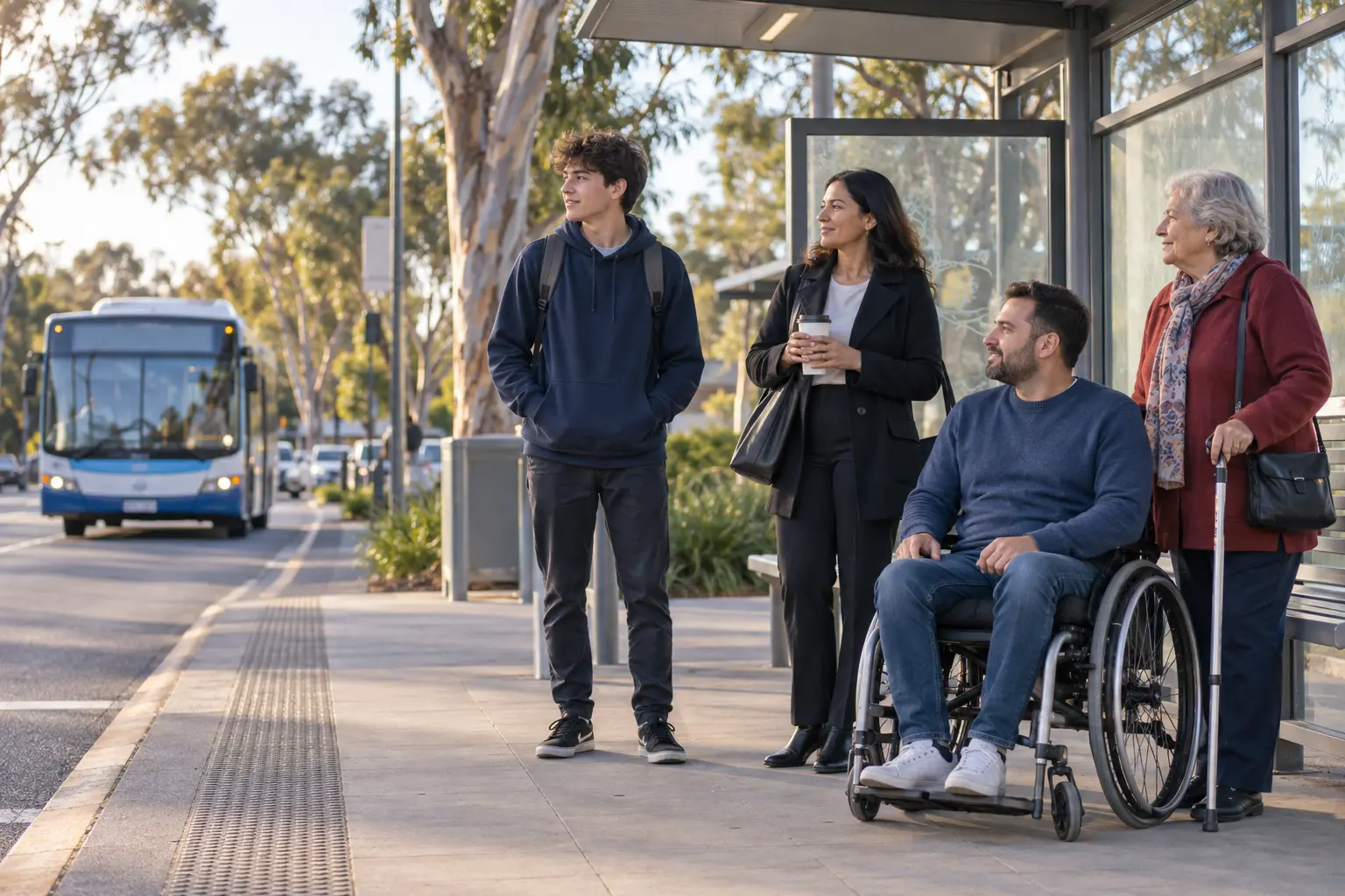 A teenage student, an adult commuter, a wheelchair user and an older resident waiting together at a suburban NSW bus stop