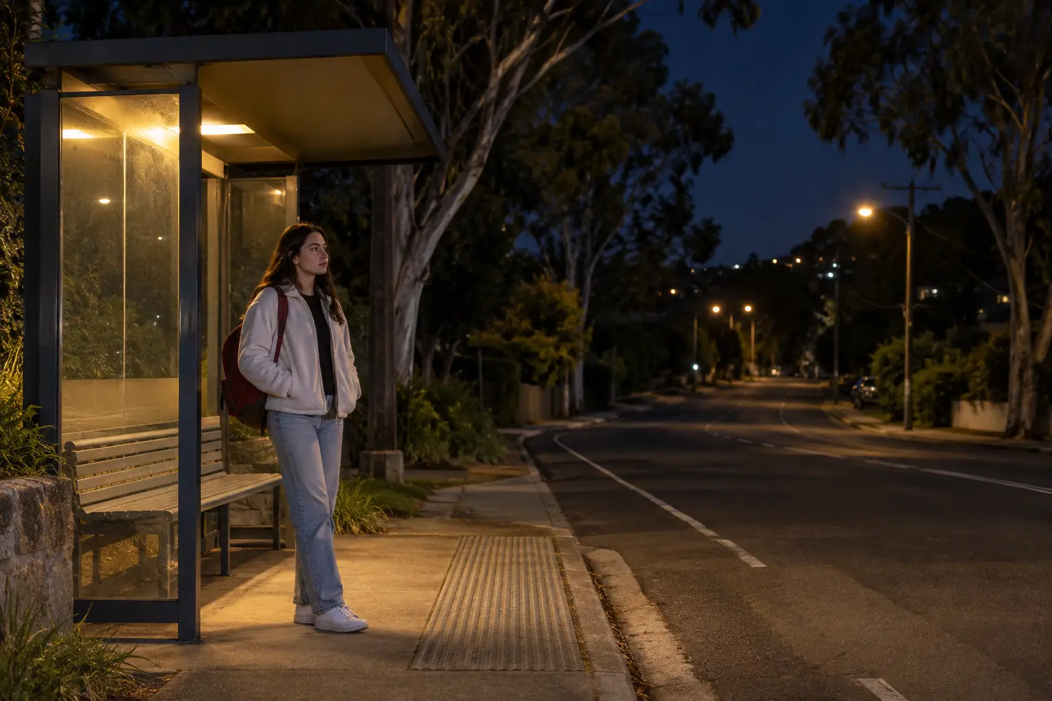 A young adult woman waiting completely alone at a small suburban NSW bus stop at night